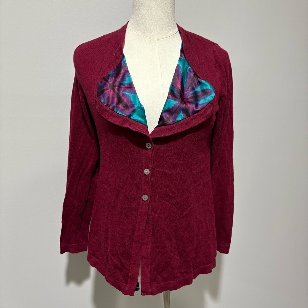 SOFT SURROUNDINGS Satin Lined Cardigan Sz XS Collared Floral Cotton Blend Red